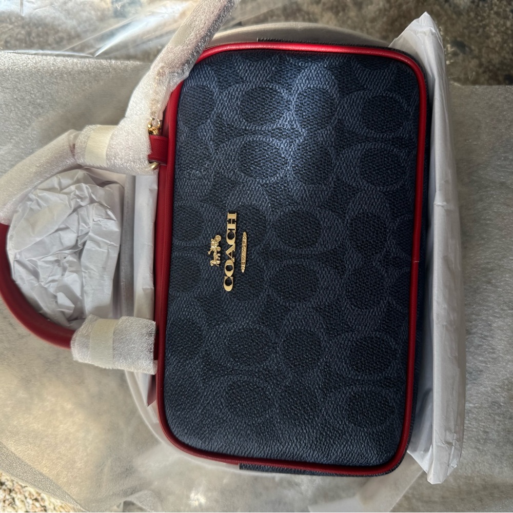 Satchel Crossbody Bag In Signature Canvas Denim/Bold Red CW197 - Picture 16 of 16